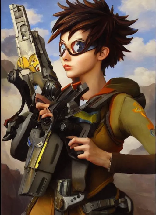 Image similar to oil painting of tracer overwatch full figure in the style of sophie anderson,