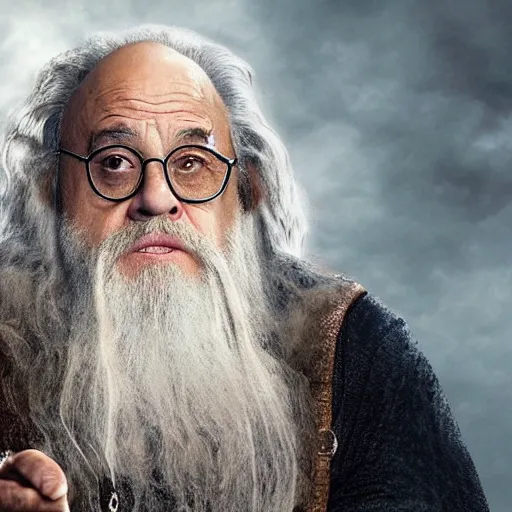 Image similar to danny devito starring as gandalf the white in the 2 0 2 4 lord of the rings movie, full body, hyper realistic, high quality, wide angle, always sunny in philadelphia