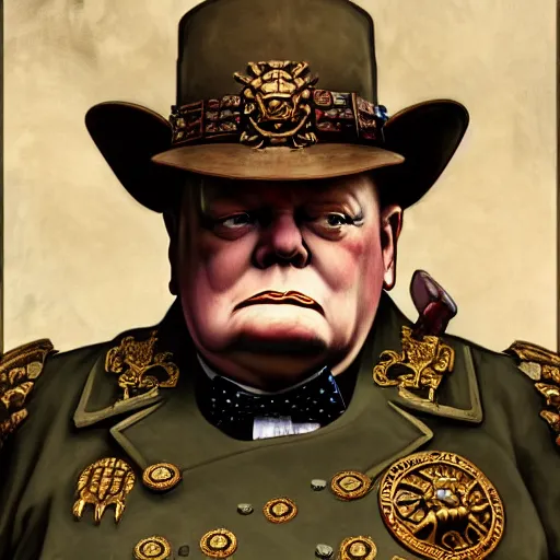 Image similar to full portrait of warhammer 4 0 k winston churchill, fantasy, d & d, intricate, detailed, by by alphonse mucha, adolfo hohenstein, alice russell glenny, stanley artgerm lau, greg rutkowski, detailed, trending on artstation, trending on artstation, smooth