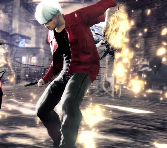 Prompt: dmc dante gunsmoke battle