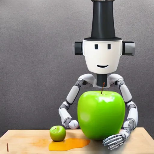 Image similar to a robot butler holding a plate with an apple on it.