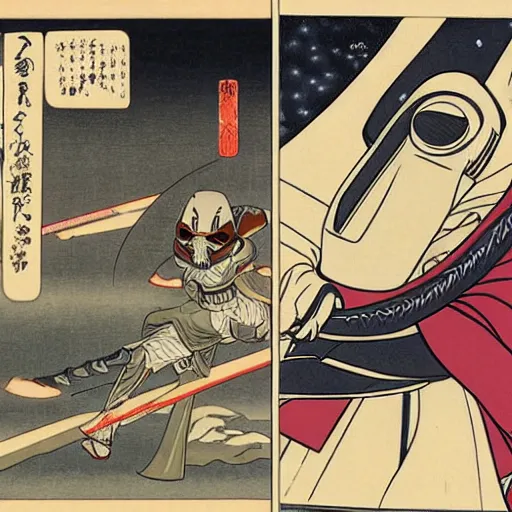 Image similar to Obi-wan Kenobi vs General Grievous ukiyo-e highly detailed