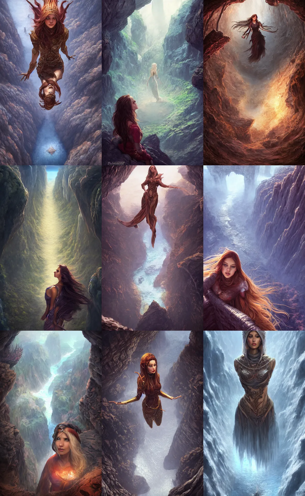 Prompt: high angle selfie of a beautiful woman at the bridge of khazaddum, view looking down in into the chasm of khazaddum, 2 d digital art, fantasy, magic the gathering, art by randy vargas, art by artgerm, art by alex garner, art by anato finnstark intricately detailed, highly detailed, trending on artstation