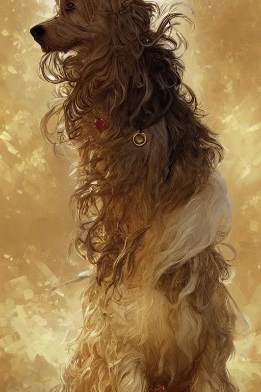 Image similar to a beautiful shaggy dog, gold jewellery, dnd, fantasy, intricate, elegant, highly detailed, digital painting, artstation, concept art, smooth, sharp focus, illustration, art by artgerm and greg rutkowski and alphonse mucha