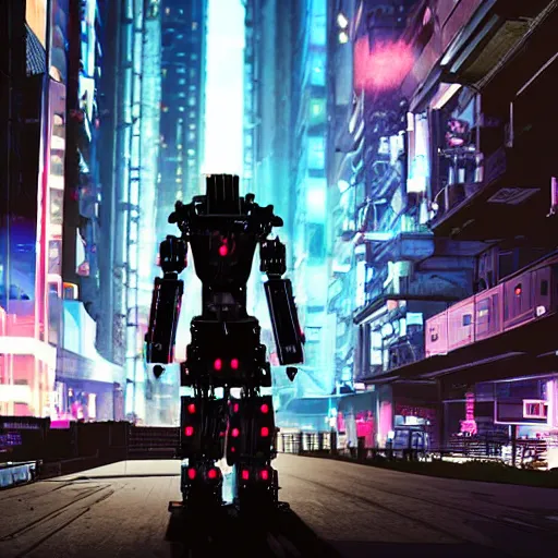 Prompt: a cyberpunk war robot patrolling streets in a dystopian metropolis at night