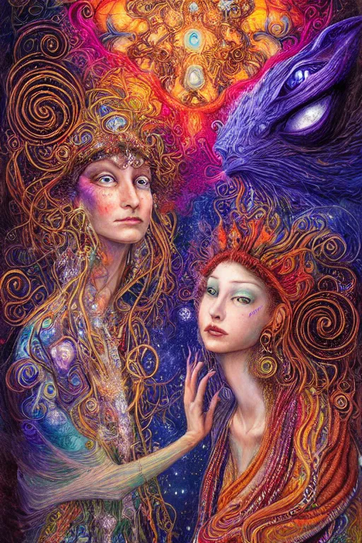 Image similar to two psychedelic shamans intertwined in a cosmic entanglement by Josephine Wall and Daniel Merriam, Artstation