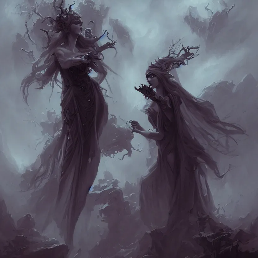 Image similar to stunning Gothic goddess of beauty, mystical, dark and mysterious, atmospheric, ominous, eerie, cinematic, realistic, by Peter Mohrbacher, featured on deviantart, fantasy art