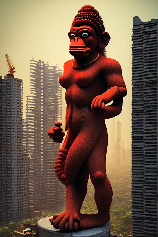 Image similar to high quality 3 d cyberpunk biomorphic hanuman! monument & buildings in mumbai!!, highly detailed, cinematic smooth, berenice abbott & john j. park, soft morning light, wide shot, high angle, uhd 8 k, sharp focus