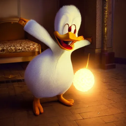 Prompt: A beautiful hyper realistic ultra detailed lifelike cinematic still of Scrooge McDuck, unreal engine, deviantart, flickr, artstation, octane render, textured, colorful, extreme realistic detail, physically based rendering, pbr render, very detailed, volumetric lighting, detailed lighting, octane render, 4k, cinematic lighting, 8k resolution