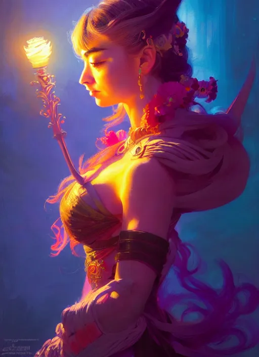 Image similar to side portrait, imogen poots, paladin, gloomhaven, colorful gaudy colors, luminescent, hard edges, bloom, organic painting, by greg manchess, huang guangjian, gil elvgren, greg rutkowski, jesper ejsing, magali villeneuve, artgerm, ilya kuvshinov