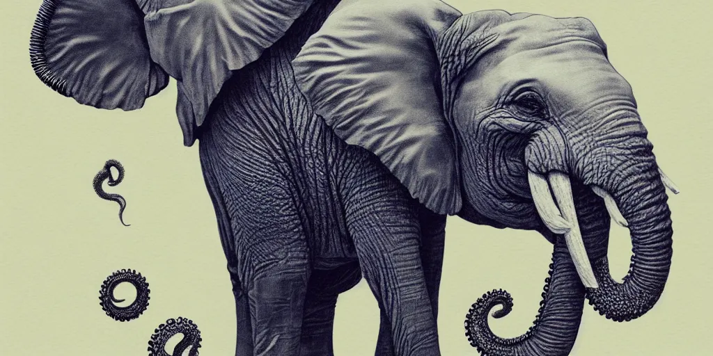 Image similar to one elephant with 8 octopus tentacles, photorealistic