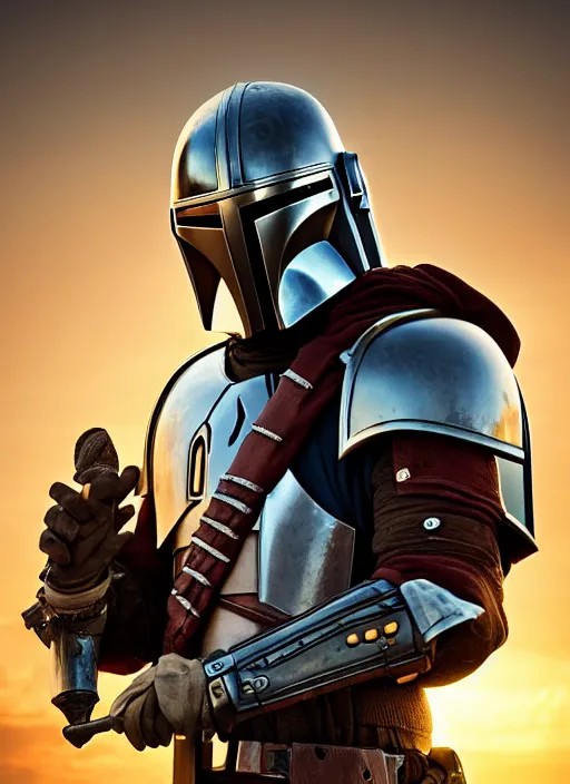 Image similar to Mandalorian as a medieval knight in intricate armor, ornate filigree armor, desert dunes, sunset clouds, sun glowing behind head, hypermaximalist, fantasy character concept, dynamic lighting, blurry, hyperrealism 8k