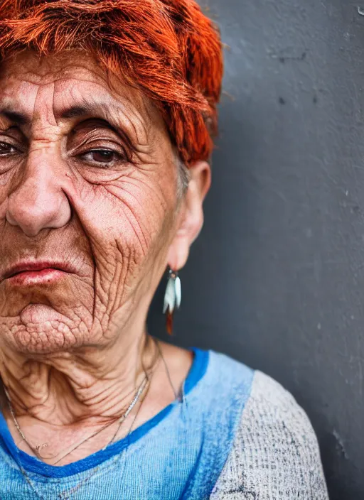 Image similar to Mid-shot portrait of a 60-year-old woman from Cyprus, happy, strong blue and orange colors, candid street portrait in the style of Martin Schoeller award winning, Sony a7R