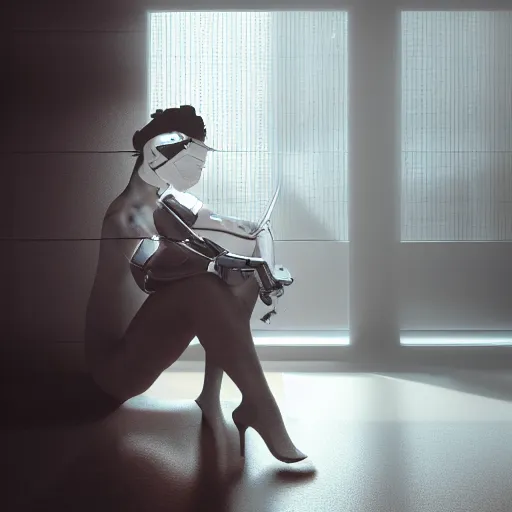 Prompt: a hyper realistic futuristic, minimal, stunningly cyborg tradition geisha photograph, covering face with a intricate sci - fi fan, in a dark futuristic room, metal gear solid, dark moody backlighting, ray tracing, octane render,