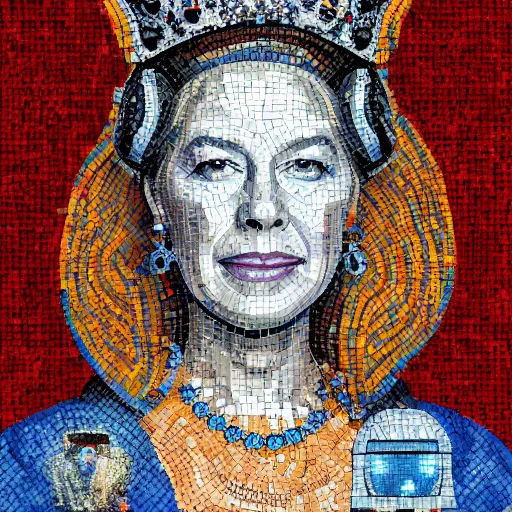 Image similar to mosaic portrait of a beautiful queen elizabeth with robot ears by Saimir Strati, 4k, intricate details, digital, water