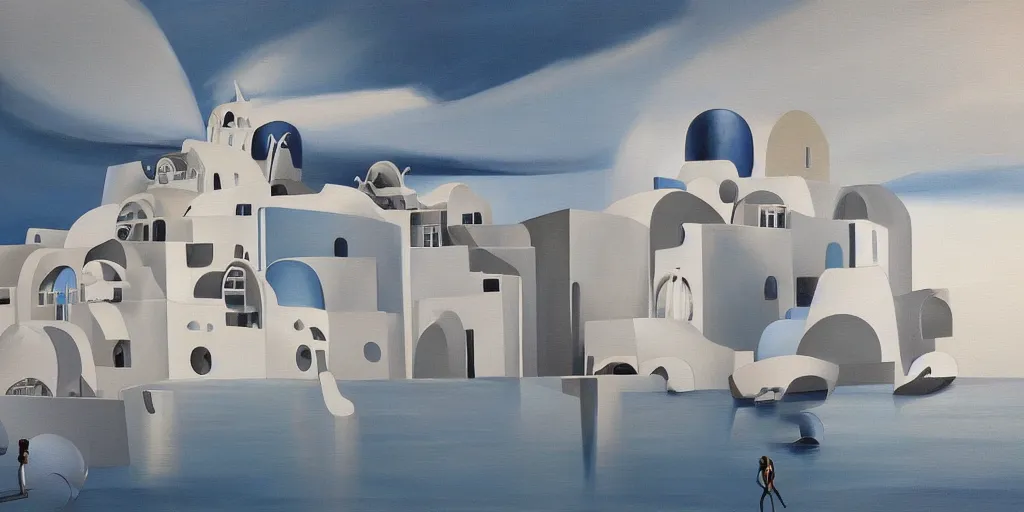 Image similar to a painting of abstract buildings like santorini by zaha hadid and yves tanguy