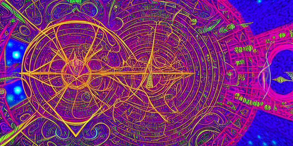 Image similar to dmt spirits, sacred non - euclidean geometric buildings housing dmt time elves, psychedelic architecture, soul frequency, 8 k resolution, highly detailed,