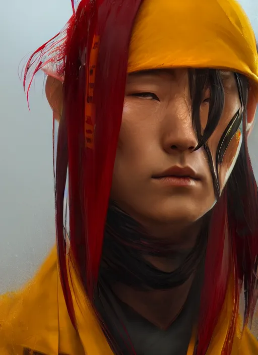 Image similar to a realistic detail portrait of a beautiful japanese ninja has black and red hair, crying, raining mist oil painting by julian calle, greg rutkowski, finnian macmanus, syd mead trending on artstation, red and yellow scheme, 8 k, wide - angle lens