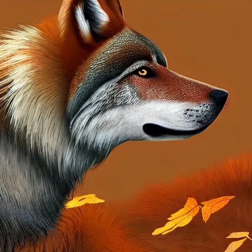 Image similar to professional stylized full - body digital art of a side profile of a tibetan wolf, tan and brown fur, fluffy, falling leaves, hd, 8 k, highly detailed, high quality, cute