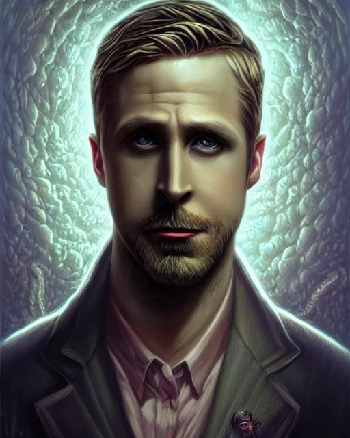 Image similar to lovecraft biopunk portrait of ryan gosling by tomasz alen kopera and peter mohrbacher.