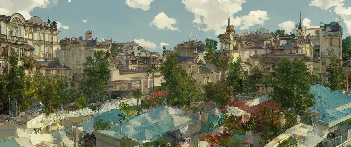 Prompt: seeing small town from swimming pool, east europe, highly detailed, digital painting, artstation concept art, smooth, sharp focus, artgerm, alphonse mucha, photorealistic