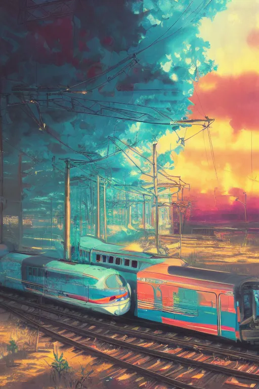 Image similar to trains covered in dripping graffiti paint, painterly, james jean, yoshitaka amano, hiroshi yoshida, moebius, loish, artgerm, painterly, symmetrical, ultra detailed, hyper realistic, illustration, sunset lighting