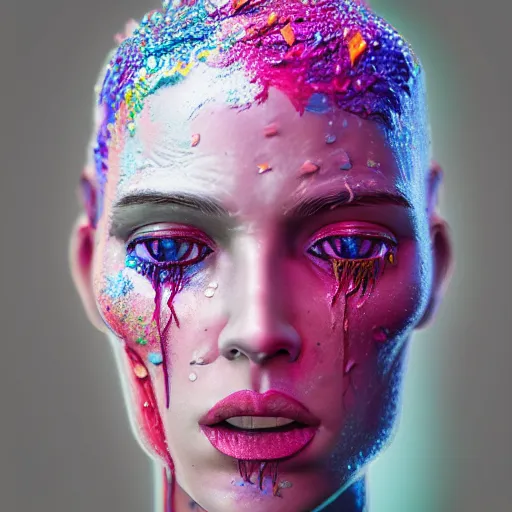 Image similar to a beautiful intricate 3D render of colorful acrylic paint dripping down the face of a humanoid by zach sutton, perfection!, studio lighting, 50mm lens, 3d render, octane render, deep depth of field, artstationHQ, 8K