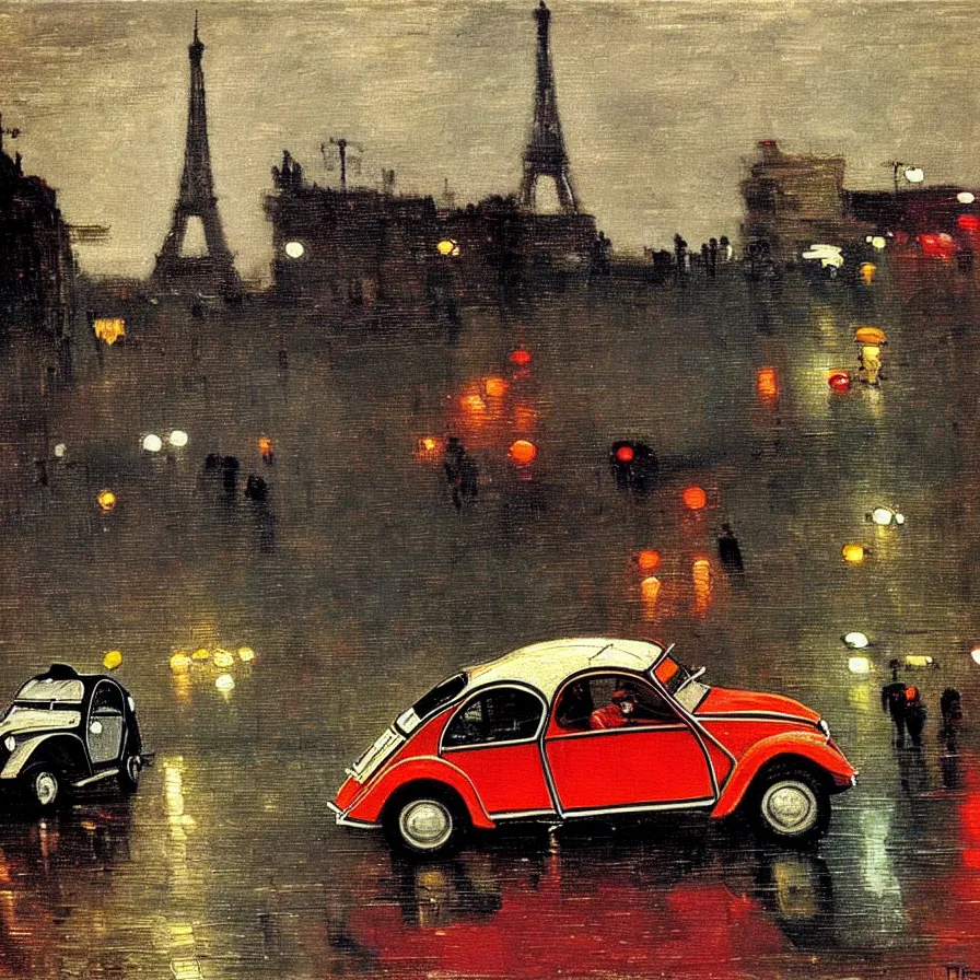 Image similar to colorful citroen 2 cv racing through paris in the 1 9 5 0 s. dark skies, rain. movement. oil painting by pisaro, by thomas eakins