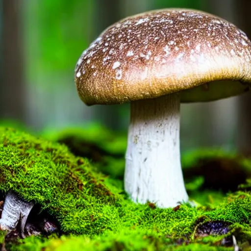 Prompt: mushrooms and moss on a tree in a fairytale forest, close up photography, depth of field, ethereal, pastel tones, macro shot, highly detailed, nature documentry footage