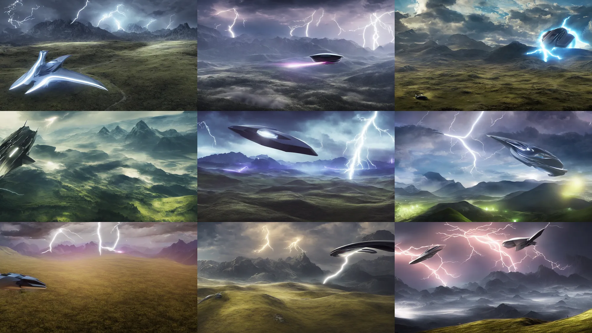 Prompt: Futuristic spaceship flying above a grassy valley with gorgeous mountain range in the background, view from above, cinematic, dramatic volumetric lightning, epic composition, 8K Ultra HD, high detail, Octane render