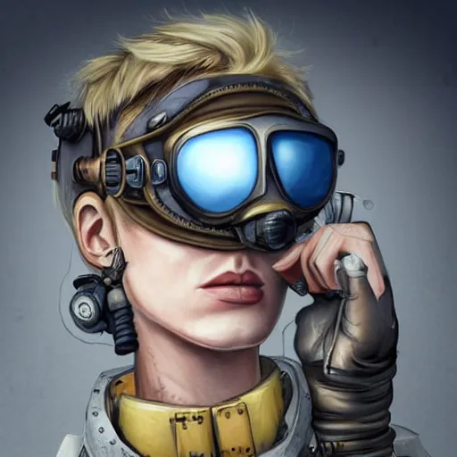 Image similar to highly detailed character concept art of stoic heroic emotionless square-jawed butch blonde tattooed woman engineer looking to side, wearing steampunk goggles and dirty ripped flight suit, on primitive planet, portrait, illustration, pulp sci fi, science fiction