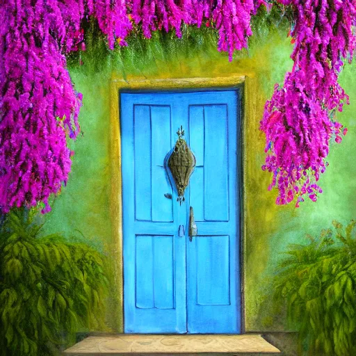 Image similar to painting of a european blue door surrunded by bougainvillea award winning fuzzy