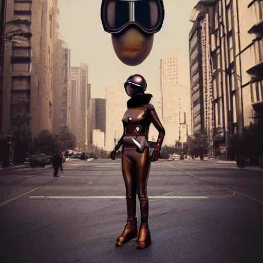 Prompt: a fashion model in helmet, creative, brown skin, digital art, photo manipulation, artstation, standing, cyberpunk, giant, street, duck shoes, up there, photoshop, futuristic