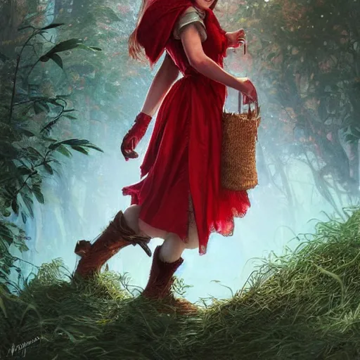 Prompt: ultra realistic illustration, bella thorne as little red riding hood, intricate, elegant, highly detailed, digital painting, artstation, concept art, smooth, sharp focus, illustration, art by artgerm and greg rutkowski and alphonse mucha