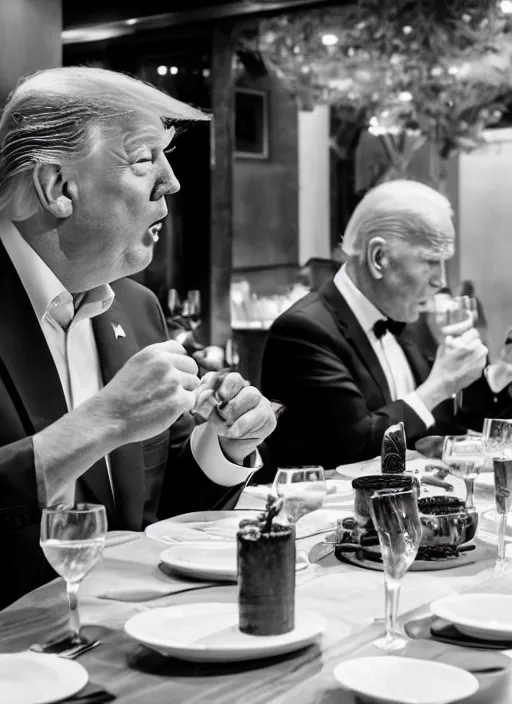 Image similar to Trump and Biden having dinner at a fancy Balinese restaurant, award winning photography, sigma 85mm Lens F/1.4, blurred background, perfect faces