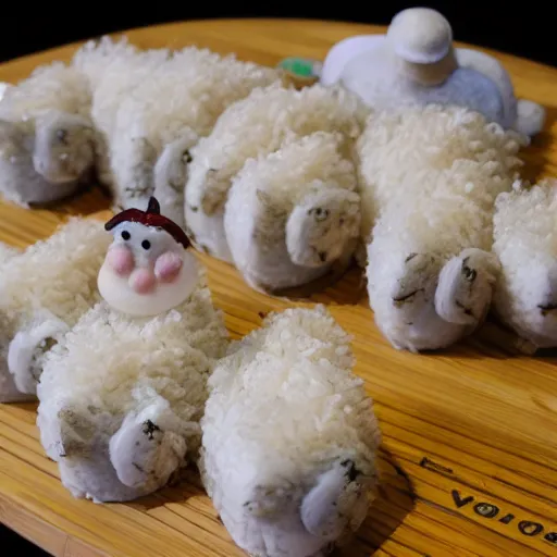 Image similar to edible sheep made of rice, noodles and tuna sashimi from the beautiful'food art collection ', dslr