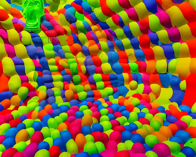 Prompt: a long shot of a giant award winning sculpture made out of thousands of inflatable pool toys in the shape of a realistic human head on the surface of the ocean, in the style of chad knight, hyper detailed, hyper realistic, ray tracing, 8 k resolution, sharp focus, realistic water