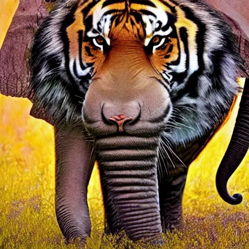 Image similar to tiger elephant hybrid, bold natural colors, national geographic photography, masterpiece, full shot