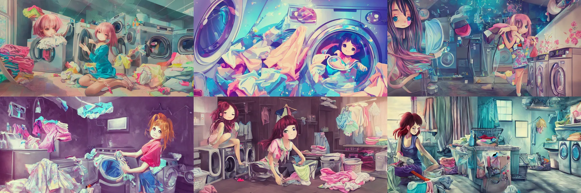 Prompt: extreme kawaii girl doing laundry, epic digital art illustration, wide angle, masterpiece, outstanding detail, illustration, colorgrading, LUTs, | 28mm |, great composition