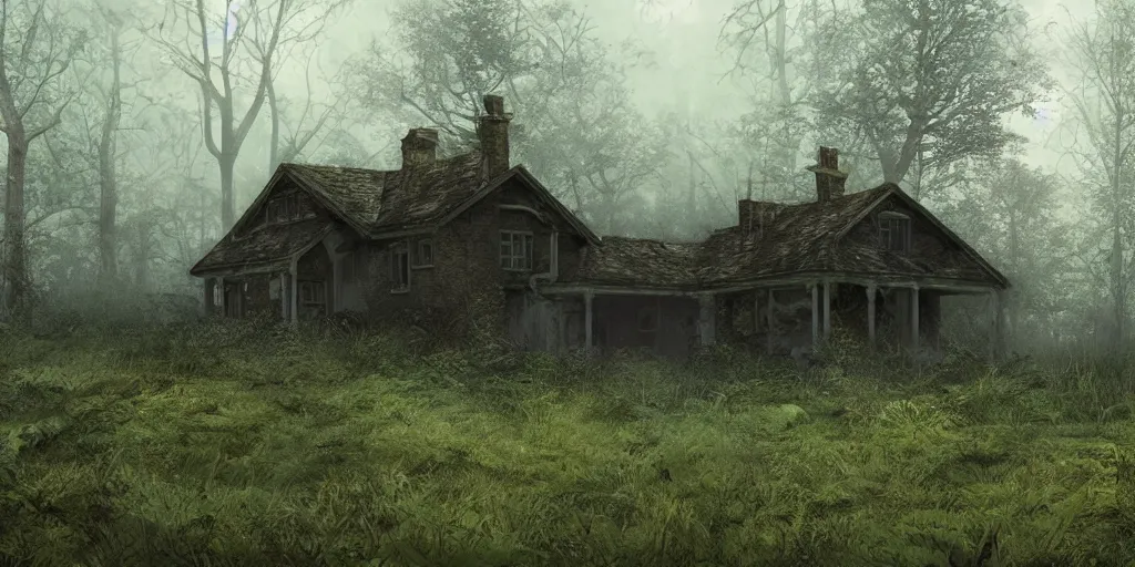 Prompt: photorealistic, ruined english bungalow, overgrown vegetation, in the forest, apocalypse, night, fog, shadowy creatures lurking in foliage, hyperrealistic, grimdark, artstation