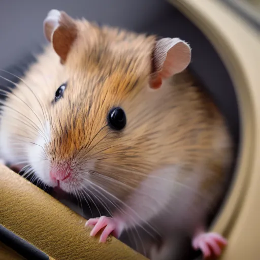 Image similar to detailed photo of a hamster sitting in a train, various poses, full body, unedited, daylight, dof, sharp focus, 8 k