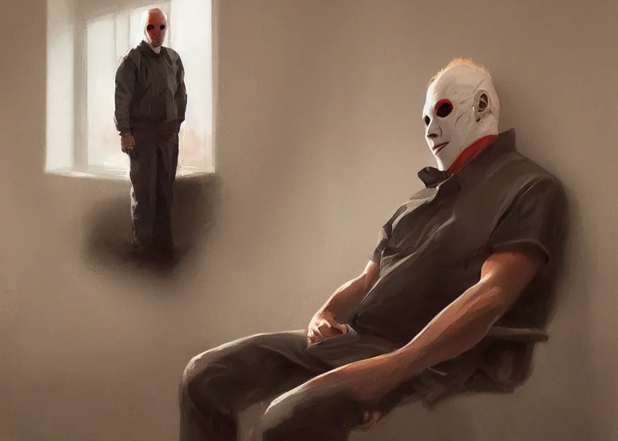 Prompt: dynamic painting portrait of Michael Myers sitting in the waiting room of an optometrist, sharp focus, trending on ArtStation, masterpiece, by Greg Rutkowski, by Ross Tran, by Fenghua Zhong, octane, soft render, oil on canvas, moody lighting, high contrast, cinematic, professional environment concept art