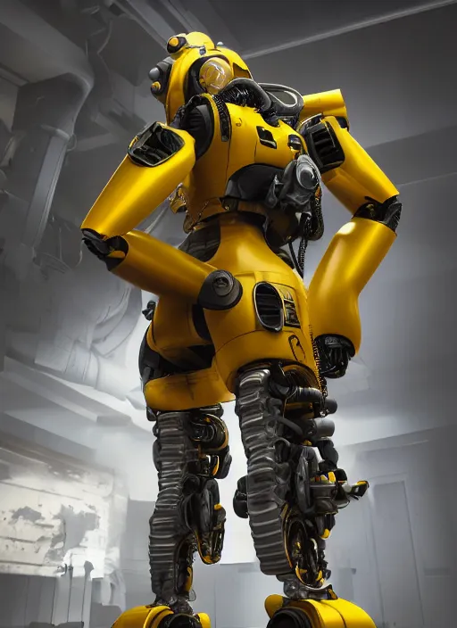 Image similar to a photorealistic dramatic hyperrealistic render of a futuristic exosuit power loader heavy machinery, ultra realistic details, glossy yellow by vitaly bulgarov and mike nash, beautiful dramatic dark moody tones and lighting, cinematic atmosphere, studio lighting, shadows, dark background, octane render, 8 k