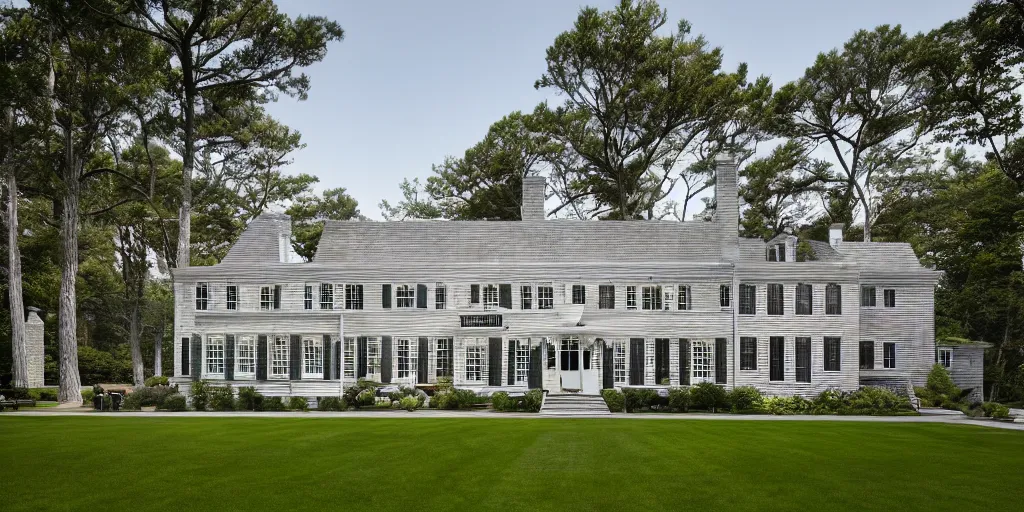 Image similar to grey brick wooden cape cod with pine trees and tile white black mansion by mcalpine house, by jackson & leroy architects