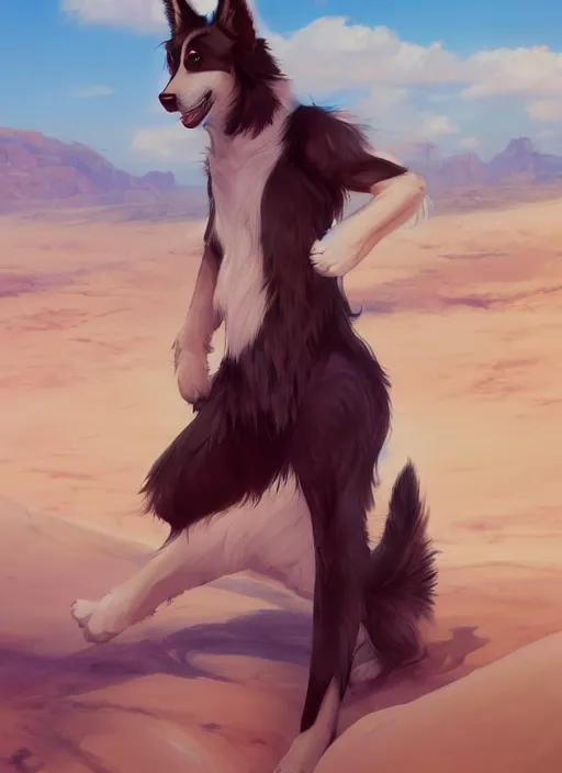 Image similar to beautiful wide angle full body portrait of a cute male anthropomorphic anthro border collie fursona in a desert, character design by charlie bowater, henry asencio, and ross tran, scenic background, detailed, glamor pose, aesthetic, furry, trending on artstation, furaffinity, deviantart