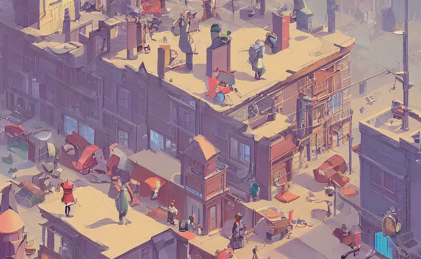 Image similar to townsmen meet the town detective to present a new case, moebius, james gilleard, print, game art