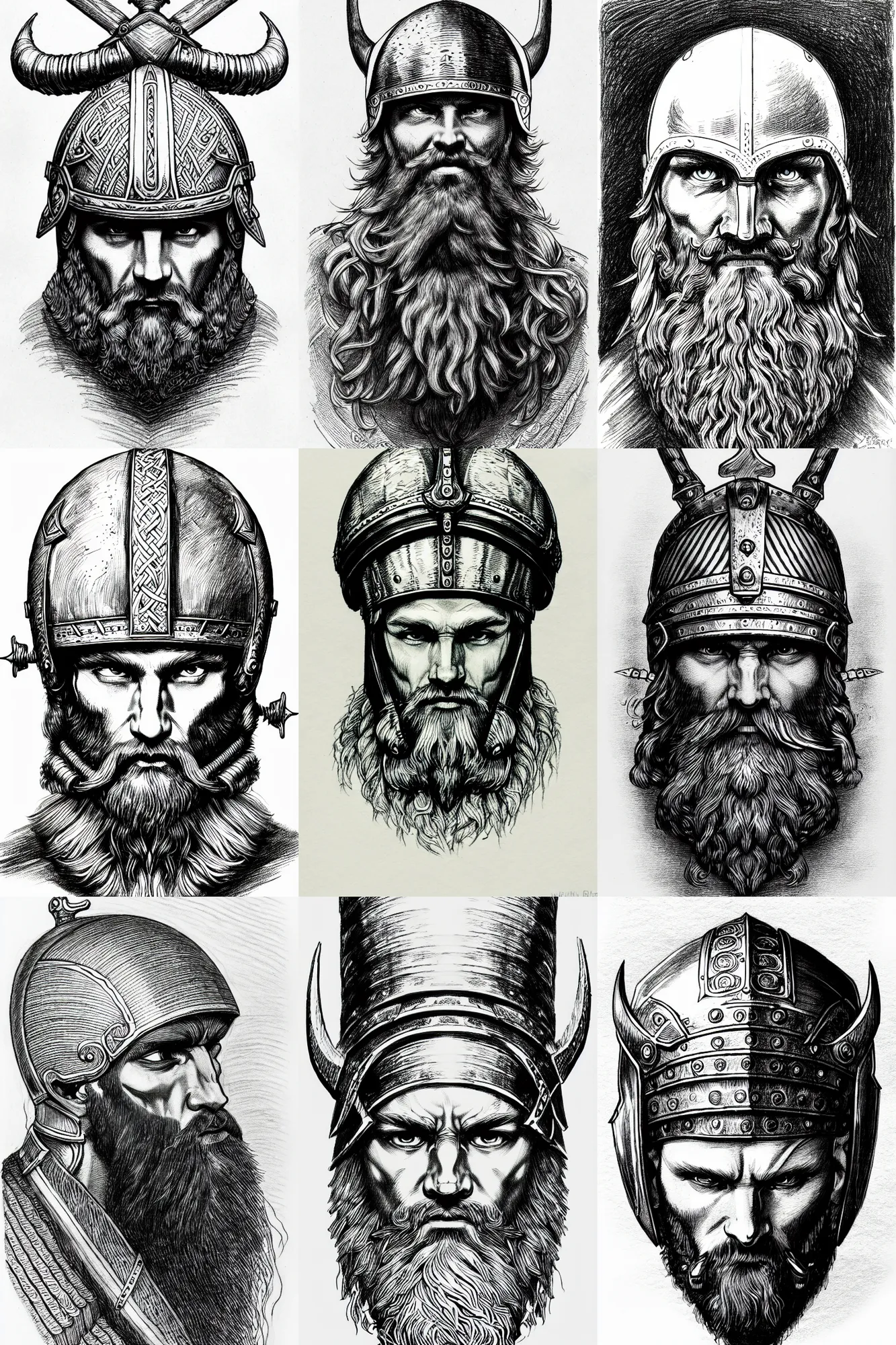 Prompt: detailed inktober drawing a head of a beared viking wearing helmet, white background, front face symmetrical, trending on artstation by gustave dore