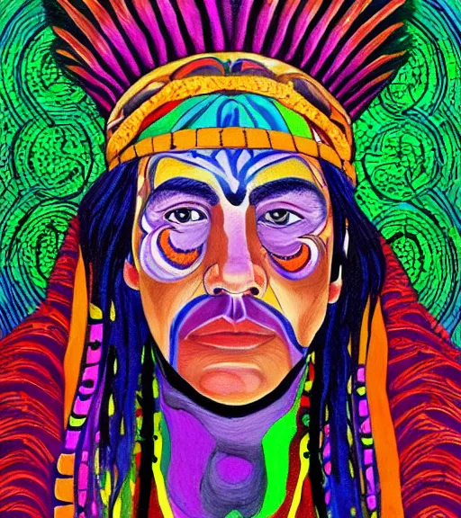 Image similar to Portrait painting in a style of Alex Grey of a shaman dressed in a colorful traditional clothes.