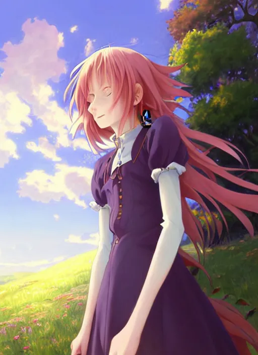 Image similar to Painting of a cottagecore witch with strawberry hair in the style of Violet Evergarden, beautiful anime art style, winged eyelashes, countryside, calm, fantasy character portrait, dark outlines, dynamic pose, above view, sunny day, artwork by Makoto Shinkai, very coherent asymmetrical artwork, sharp edges, perfect face, simple form, 100mm