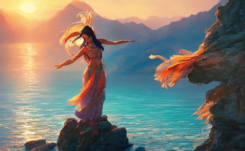 Image similar to Himalayan priestess dancing on water, beautiful flowing fabric, sunset, dramatic angle, 8k hdr pixiv dslr photo by Makoto Shinkai rossdraws and Wojtek Fus